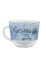 Кружка стеклянная с изображением достопримечательностей Казани, детская, голубой цвет, 200мл., для чая и кофе