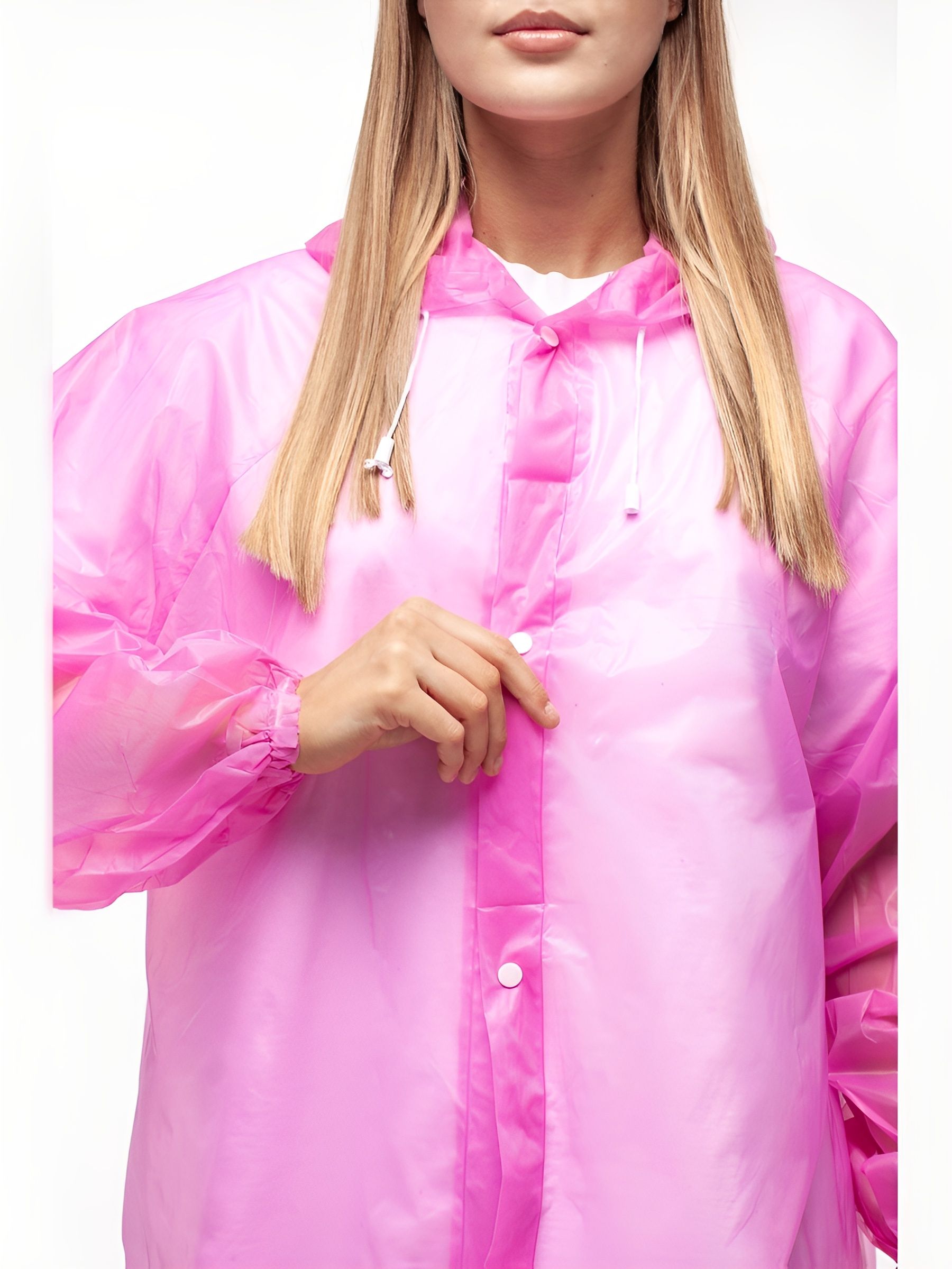 Набор из 2-х дождевиков водонепроницаемых c капюшоном женский / мужской / универсальный, на кнопках, полиэтилен, 15 мкм, цвета розовые