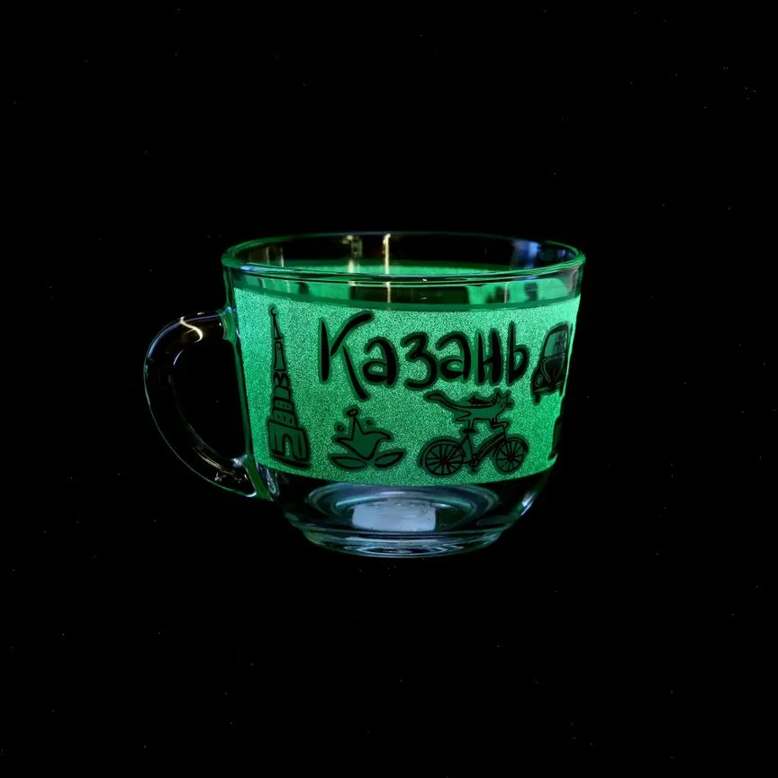 Кружка стеклянная с изображением достопримечательностей Казани, детская, зеленый цвет, 200мл., для чая и кофе