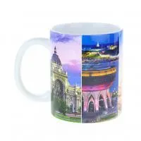 Кружка керамическая с видами Казани: храм всех религий, улицы Баумана, Никольского собора, Кул Шарифа, Дворца земледельцев, загс Чаша