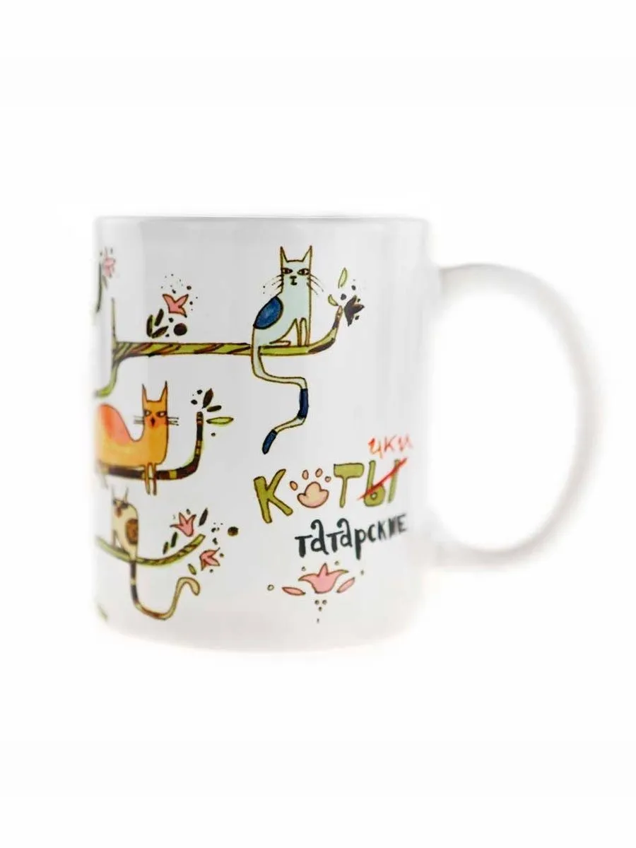 Керамическая кружка с рисунком Котики на дереве , объем 330мл.