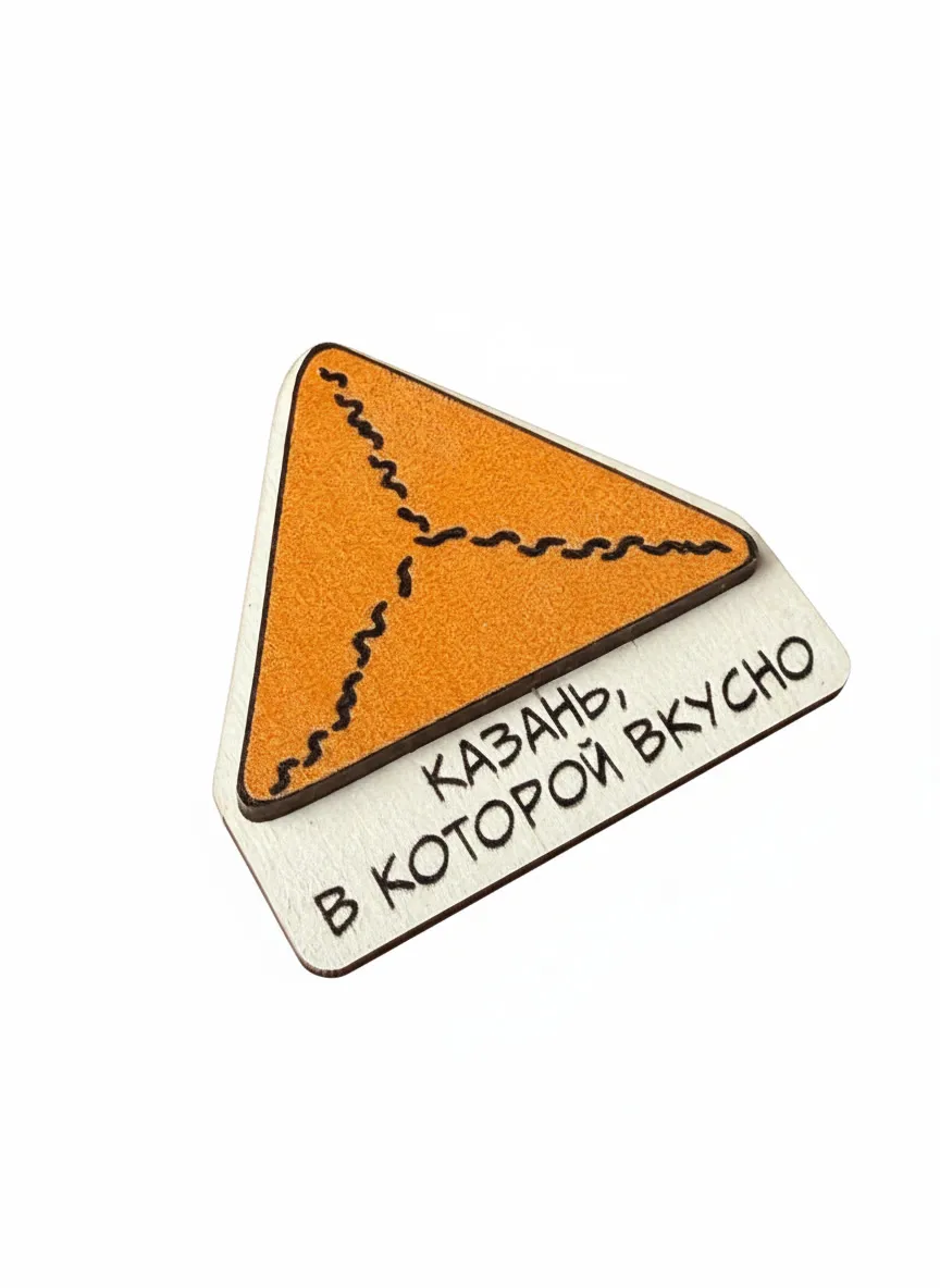 Магнит сувенирный "Казань, в которой вкусно!" 6см. деревянный - Треугольник гастрономического счастья!