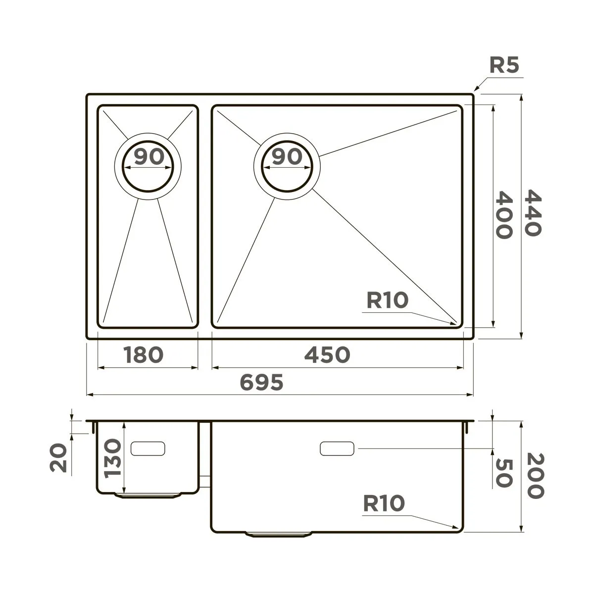 Кухонная мойка Omoikiri Taki 69-2-U/IF-LG-R Side нерж.сталь/светлое золото